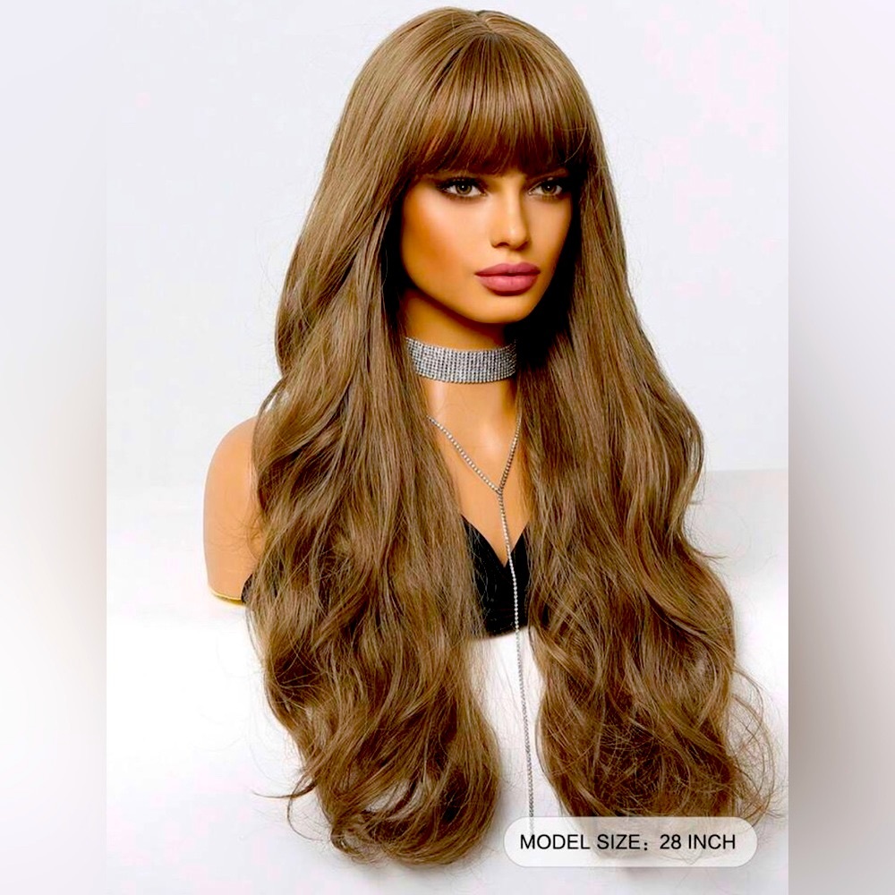 Brown, synthetic, fiber, long bang 28 inch wig - Picture 4 of 7